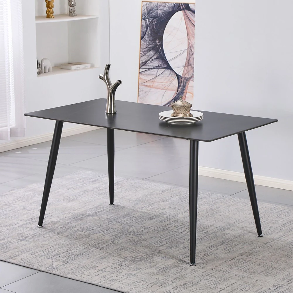 Tavolo fisso Kilo 160x90 cm. con piano in ceramica effetto marmo nero con venature oro opaco e gambe nere