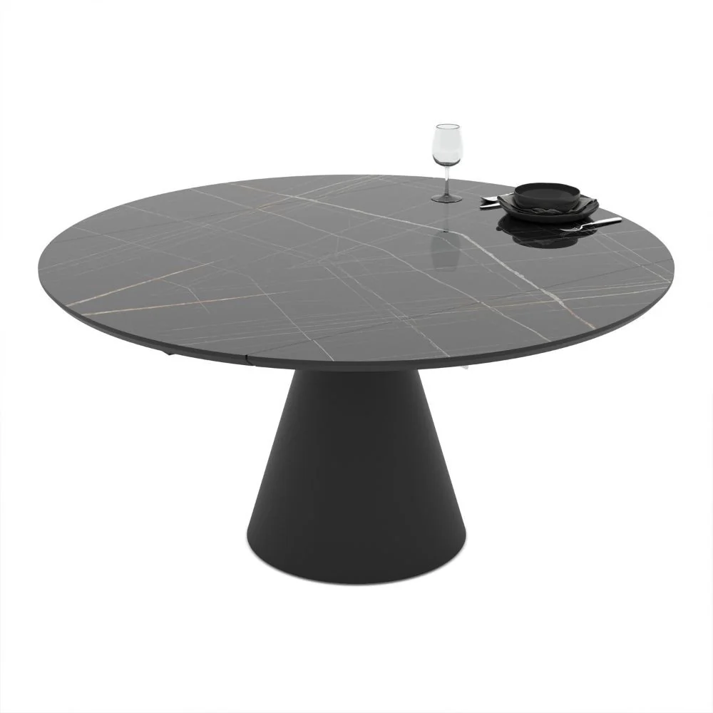 Tavolo allungabile Yandan con piano effetto marmo nero lucido e dettagli oro con gamba nera - Image 4