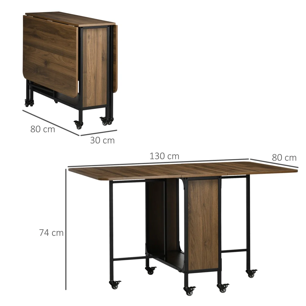 Tavolo Pieghevole 6 Ruote e Mensola 130x80x74 cm in Legno e Metallo Marrone Chiaro - Image 3