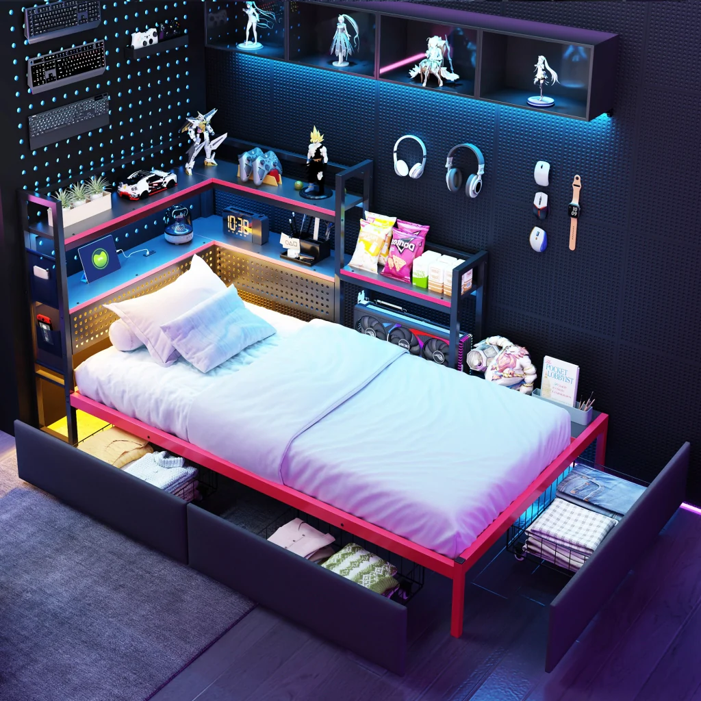 Telaio letto da gaming in metallo con 3 cassetti LED USB scaffali letto a piattaforma robusto con spazio per adolescenti e adulti