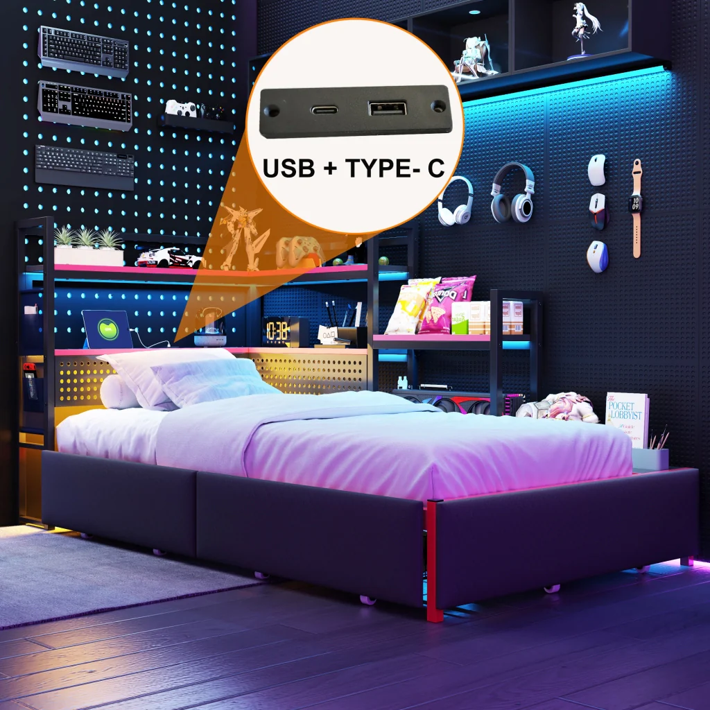 Telaio letto da gaming in metallo con 3 cassetti LED USB scaffali letto a piattaforma robusto con spazio per adolescenti e adulti - Image 2