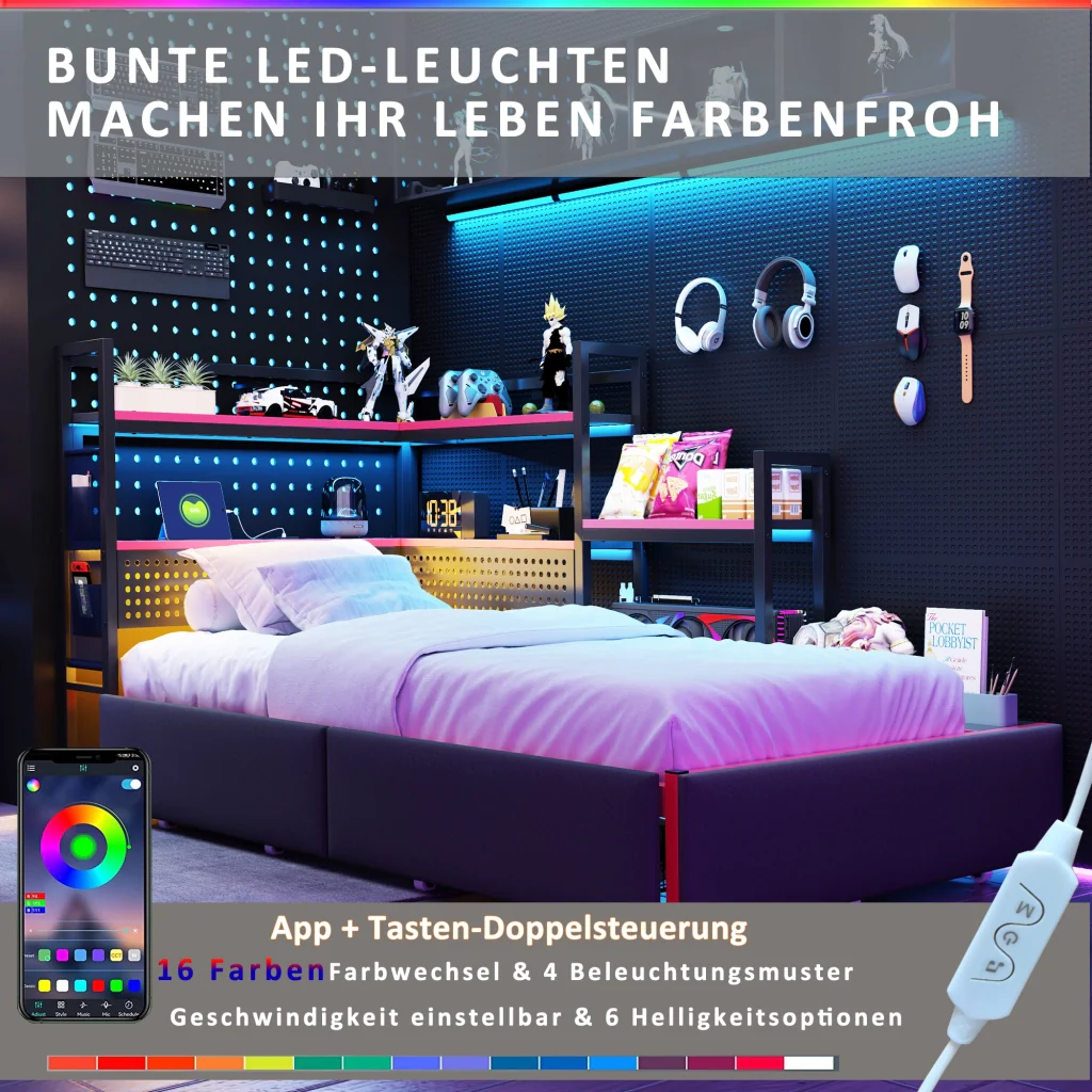 Telaio letto da gaming in metallo con 3 cassetti LED USB scaffali letto a piattaforma robusto con spazio per adolescenti e adulti - Image 3