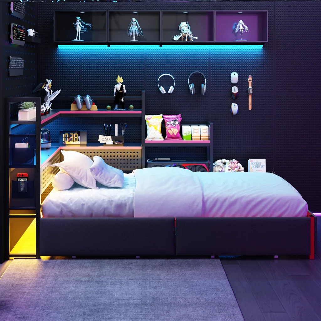 Telaio letto da gaming in metallo con 3 cassetti LED USB scaffali letto a piattaforma robusto con spazio per adolescenti e adulti - Image 4