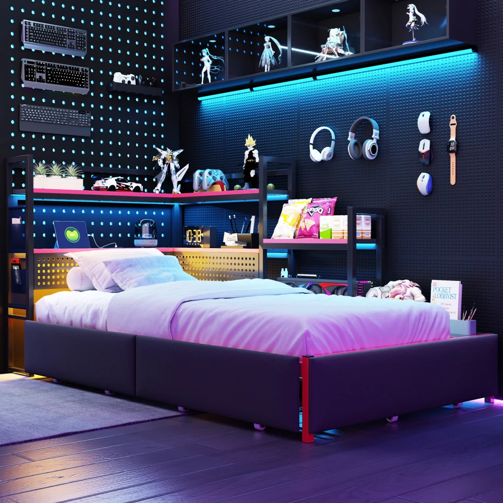 Telaio letto da gaming in metallo con 3 cassetti LED USB scaffali letto a piattaforma robusto con spazio per adolescenti e adulti - Image 5