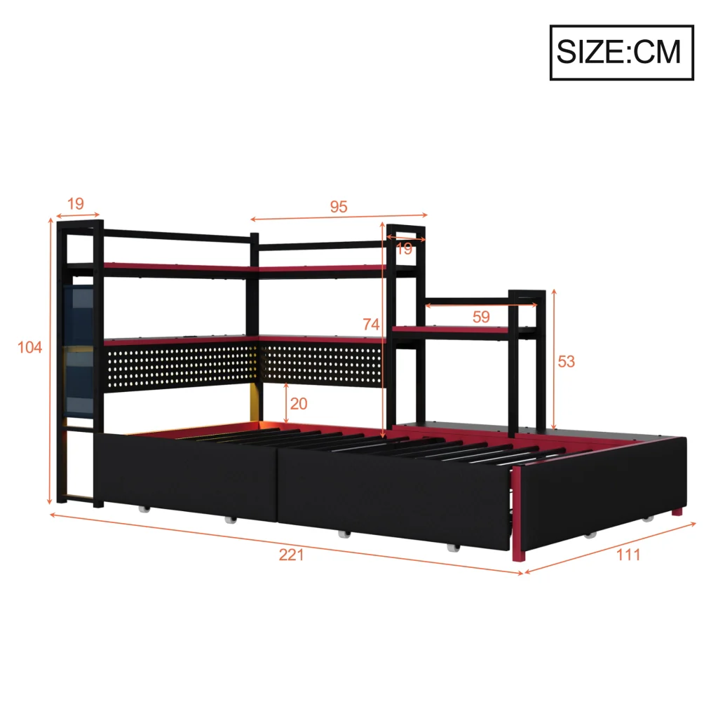 Telaio letto da gaming in metallo con 3 cassetti LED USB scaffali letto a piattaforma robusto con spazio per adolescenti e adulti - Image 6