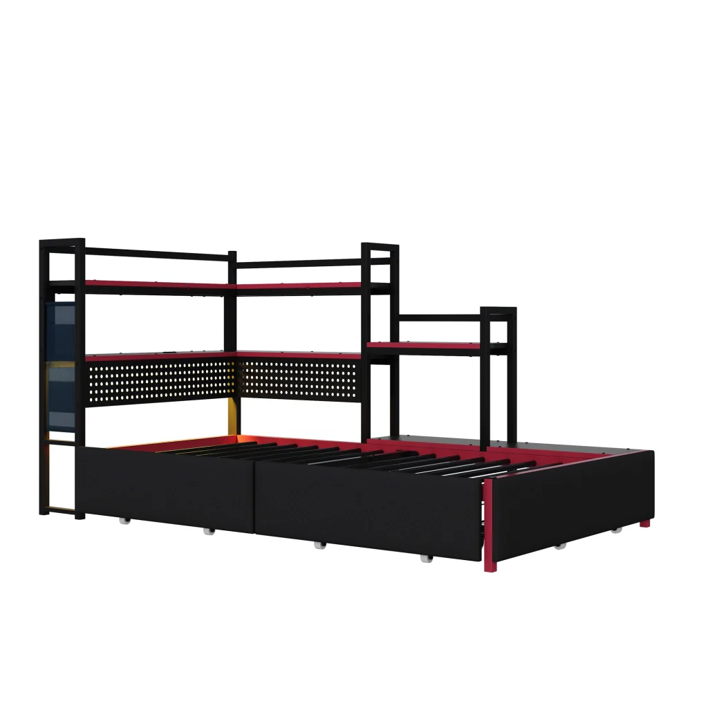 Telaio letto da gaming in metallo con 3 cassetti LED USB scaffali letto a piattaforma robusto con spazio per adolescenti e adulti - Image 7