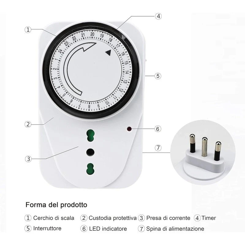 Temporizzatore Meccanico Timer Regolabile 24 Ore Con Spina 16A Presa Bipasso 10/16A Max 3680W - Image 2