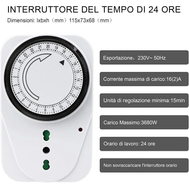 Temporizzatore Meccanico Timer Regolabile 24 Ore Con Spina 16A Presa Bipasso 10/16A Max 3680W - Image 3