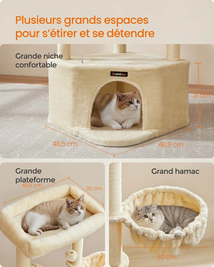 Tiragraffi 485 x 485 x 1407 cm Torre gioco per gatti con grotta per gatti grandi piattaforme palline di peluche amaca beige 12_0008012 - Image 2