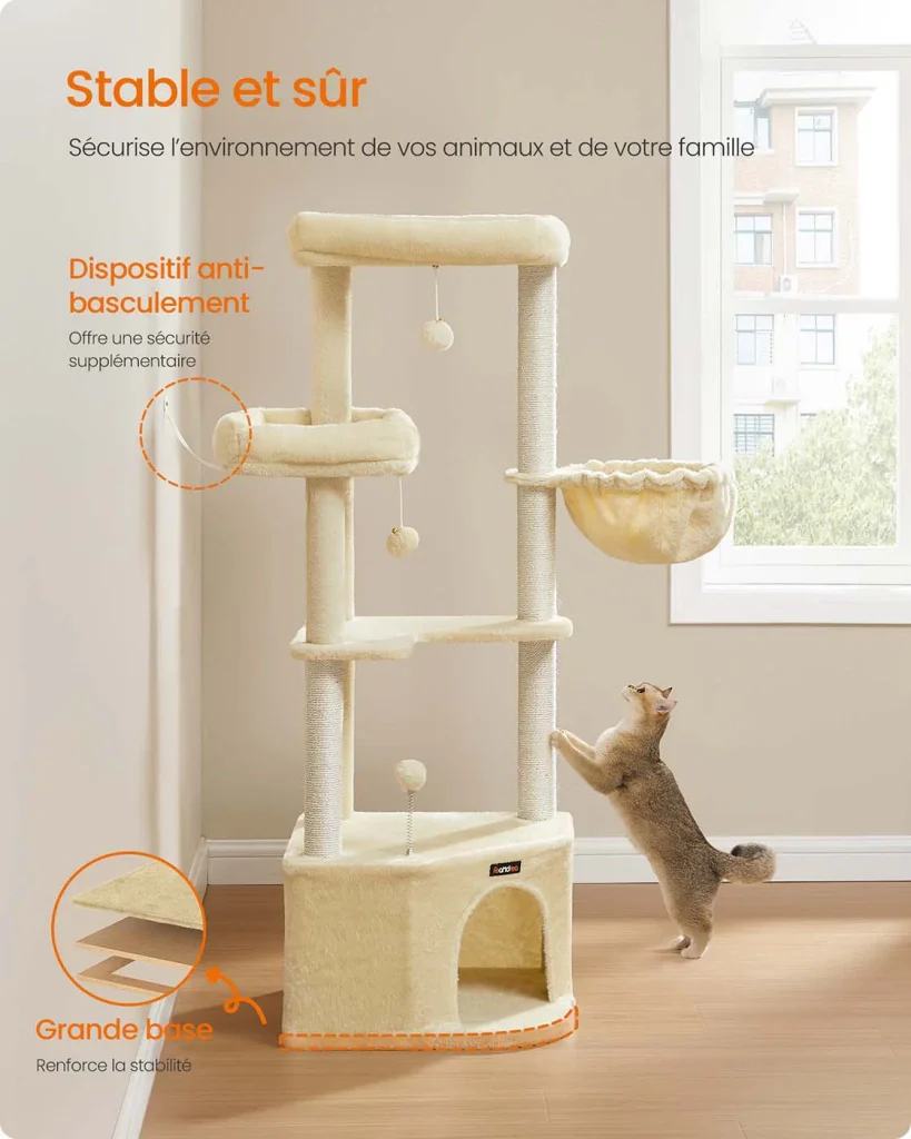 Tiragraffi 485 x 485 x 1407 cm Torre gioco per gatti con grotta per gatti grandi piattaforme palline di peluche amaca beige 12_0008012 - Image 4