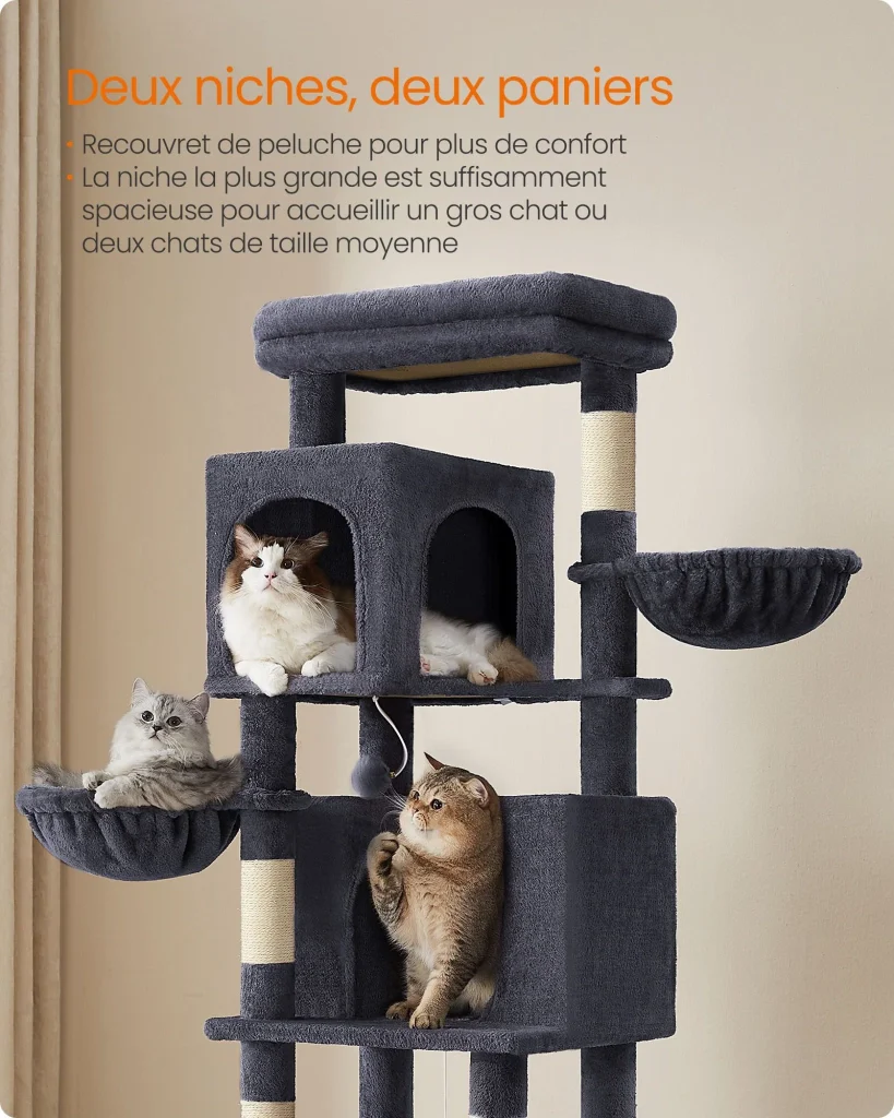 Tiragraffi torre per gatti alta 175 cm rifugio per gatti a più livelli con 2 cucce 2 cestini 5 tiragraffi trespolo autopulente amaca grigio tortora pct182g01 12_0003882 - Image 3