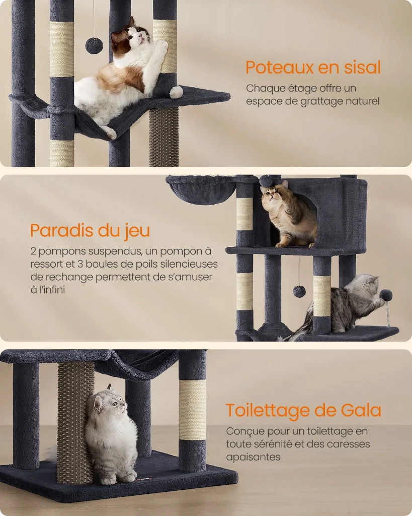 Tiragraffi torre per gatti alta 175 cm rifugio per gatti a più livelli con 2 cucce 2 cestini 5 tiragraffi trespolo autopulente amaca grigio tortora pct182g01 12_0003882 - Image 4