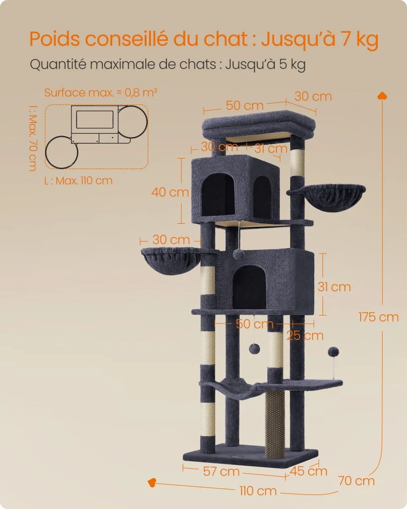 Tiragraffi torre per gatti alta 175 cm rifugio per gatti a più livelli con 2 cucce 2 cestini 5 tiragraffi trespolo autopulente amaca grigio tortora pct182g01 12_0003882 - Image 5