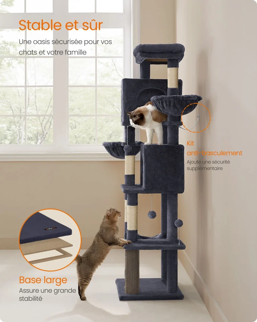 Tiragraffi torre per gatti alta 175 cm rifugio per gatti a più livelli con 2 cucce 2 cestini 5 tiragraffi trespolo autopulente amaca grigio tortora pct182g01 12_0003882 - Image 6