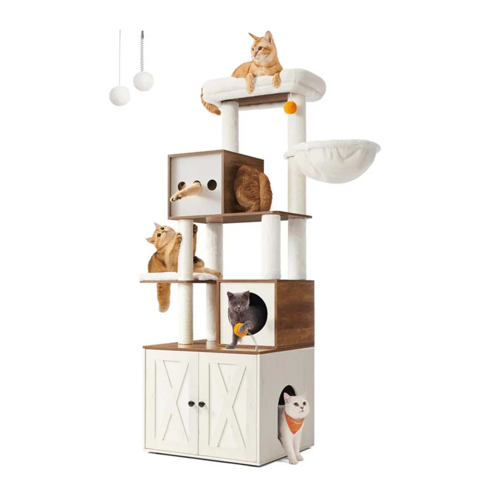 Tiragraffi moderno con copertura per lettiera torre gioco tiragraffi con lettiera 185 cm nascondiglio piattaforma tappetini lavabili beige 12_0003867
