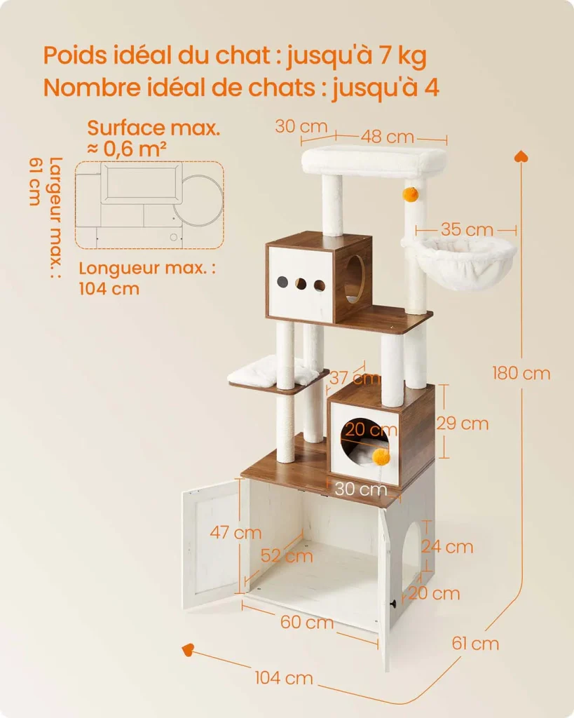 Tiragraffi moderno con copertura per lettiera torre gioco tiragraffi con lettiera 185 cm nascondiglio piattaforma tappetini lavabili beige 12_0003867 - Image 5