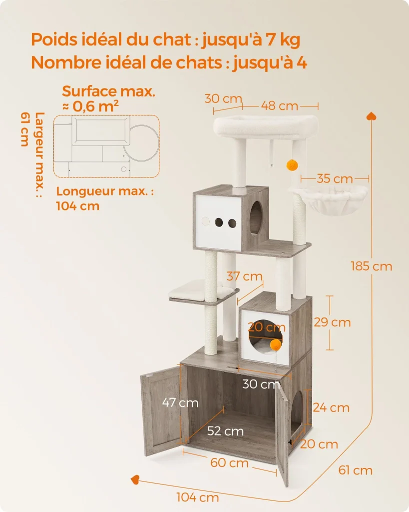 Tiragraffi moderno con lettiera torre gioco tiragraffi con toilette 185 cm nicchia piattaforma tappetini lavabili grigio 12_0003865 - Image 5