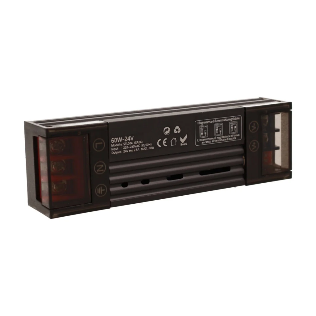 Trasformatore Alimentatore LED Slim Sottile 60W DC 24V AC 220-240V IP20 Dimmerabile a DIP con Coperchio Protezione su Morsetti 119x35x25mm - Image 3