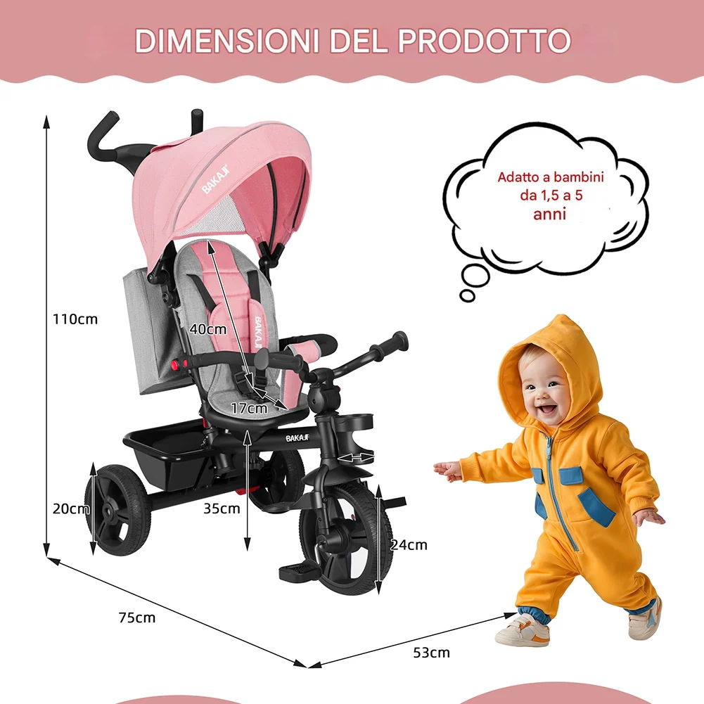 Triciclo Bambini 5in1 con Sedile Girevole 360°, Cappottina, Pedali e Maniglione Regolabile Rosa - Image 6