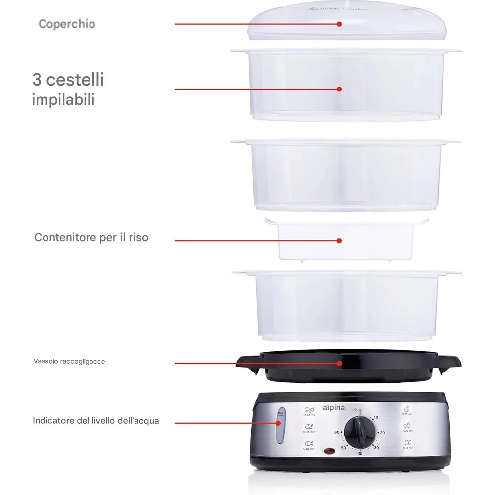 Vaporiera Elettrica Pentola a Vapore 800W a 3 Strati Capacità 9L con Timer - Image 4