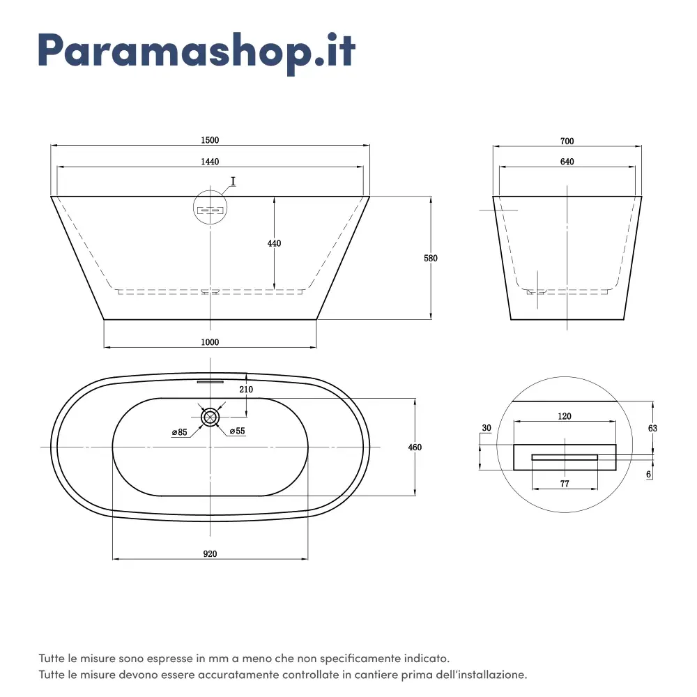 Vasca da bagno freestanding 150cm bianco lucido Mod. Ginevra - Image 3