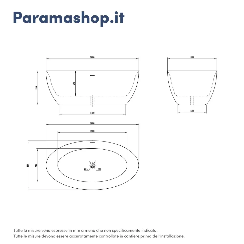 Vasca da bagno freestanding 160cm bianco lucido Mod. Leonor - Image 5