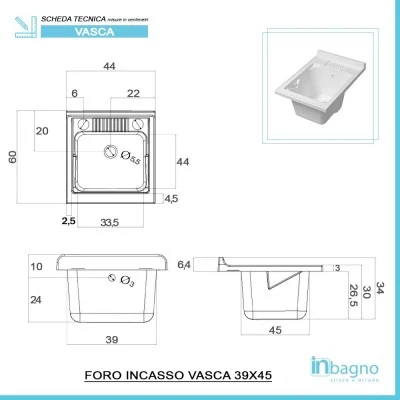 Vasca lavatoio 45x60 cm in resina bianca da incasso o in appoggio - Image 3