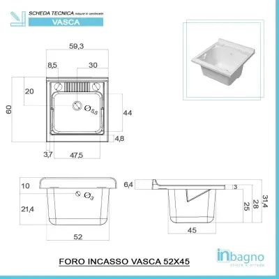 Vasca lavatoio 60x60 cm in resina bianca da incasso o in appoggio - Image 6