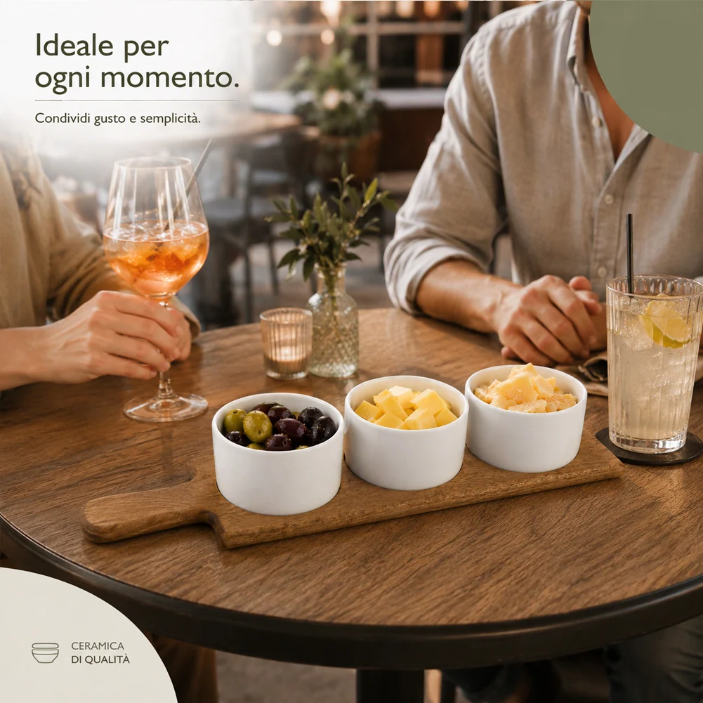 Vassoio Aperitivo da Portata in Legno Ciotole Ciotoline in Ceramica 36.5x10 cm - Image 4