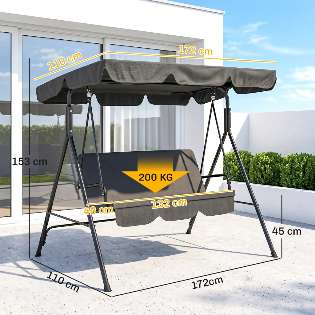 Veranda passeggiata sdraio da giardino con suola impermeabile 172 cm x 110 cm x 153 cm nera - Image 3